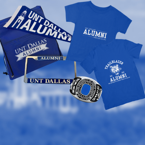 Alumni gear including two tshirts, pennant, drawstring bag, license plate frame, and class ring are pictured.