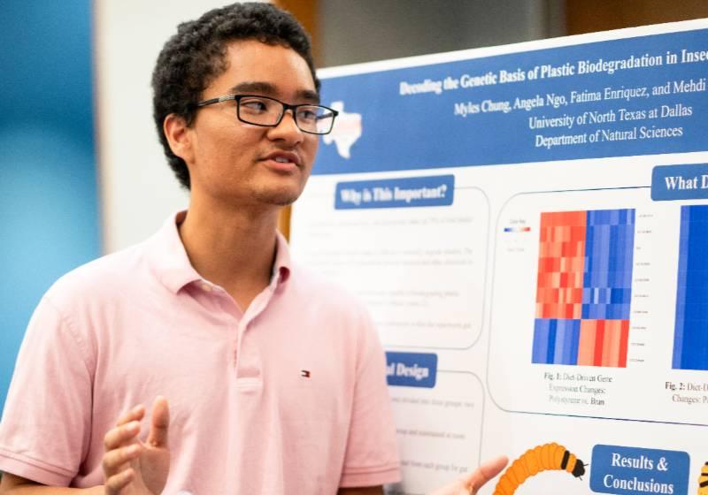 Myles Chung Explaining the Superworm Plastics Project at the 2025 UNT Dallas Student Research Symposium