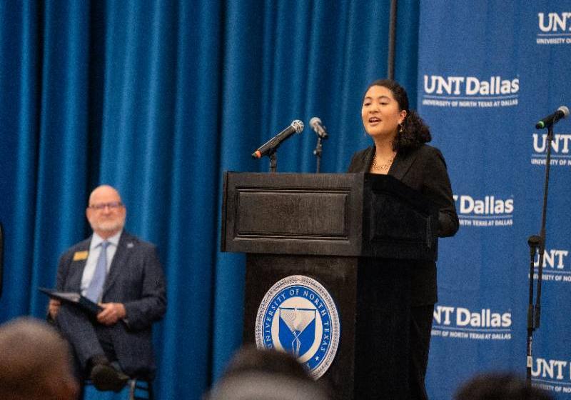 Isabelle Chung Giving Remarks at the Ribbon-Cutting Ceremony for the New UNT Dallas STEM Building on Dec. 2, 2025