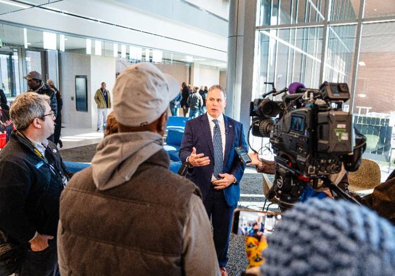 President Warren von Eschenbach Highlights the STEM Building's Purpose and Innovations to News Media