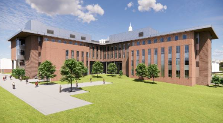 Outside View of the Completed STEM Building with Extensive Green Areas and Tall Windows for Lots of Natural Light