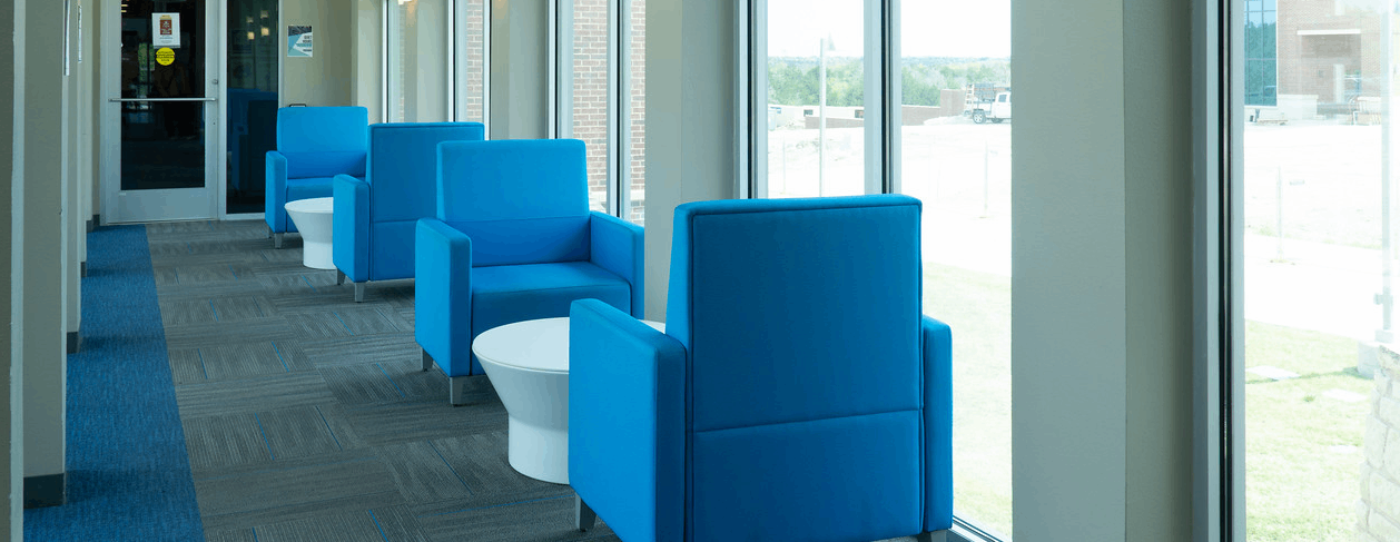 windowed hallway of untd residence hall