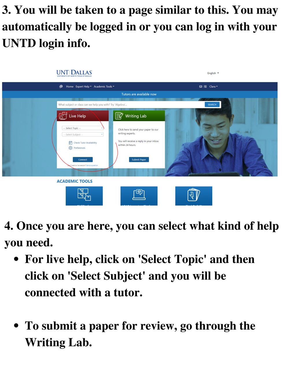 image shows live help and writing lab options once logged in