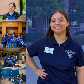 Fatima Aguilar headshot on a blue background with a collage on the left side of the screen.