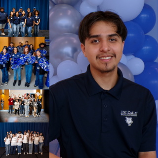 Jacob Perez headshot on a blue backgroup with collage of pictures on the left.