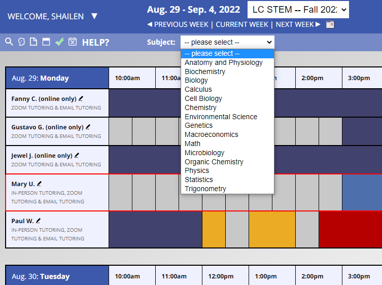 wconline stem tutoring drop down options