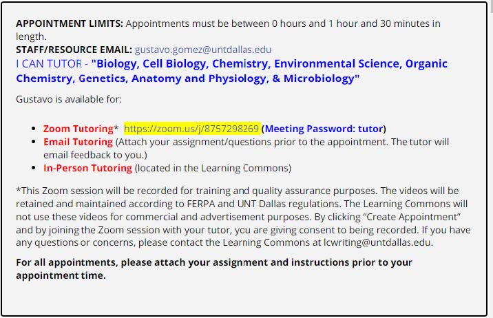 screenshot of different types of tutoring sessions