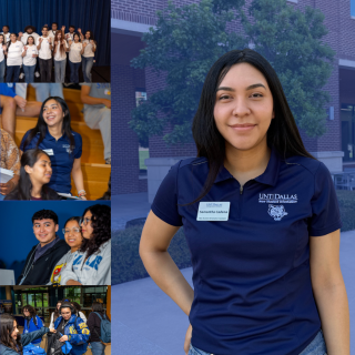Samantha Cadena headshot on a blue background with a collage on the left of the screen.