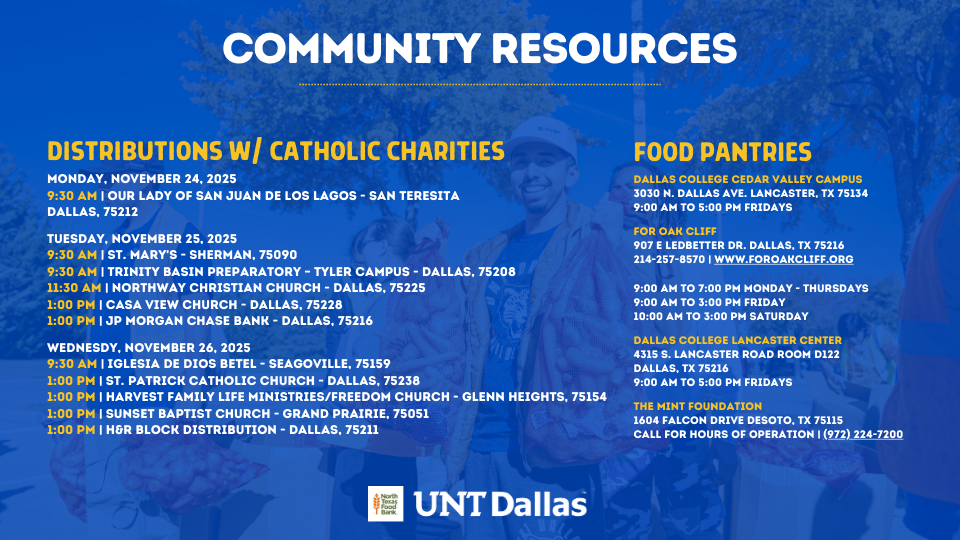 Graphic listing community food resources, including mobile distribution dates and locations with Catholic Charities and several local food pantries, presented in blue and yellow UNT Dallas branding.